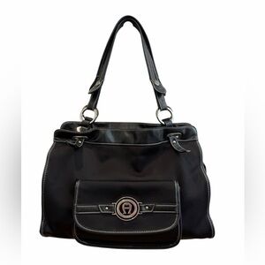 Etienne Aigner Black Leather & Nylon Shopper Tote | Signature Logo